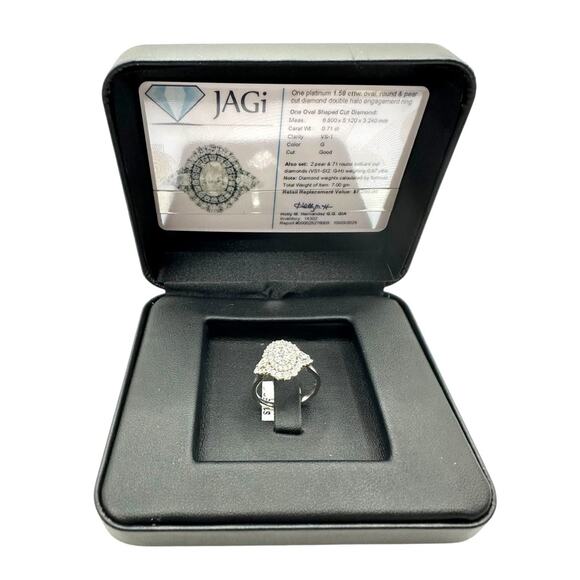 Platinum Double Halo Oval Cut 1.58cttw Diamond Ring JAGi Certified (14302) - Picture 8 of 9